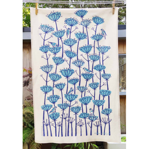 Goldfinches Tea Towel - navy and teal